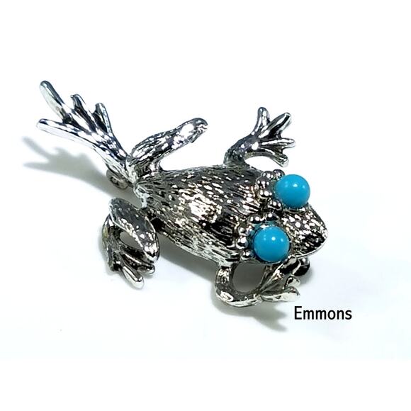 Vintage Emmons Frog Brooch Silver Tone Turquoise Eyes 1970s Book Piece Pin - Picture 1 of 10
